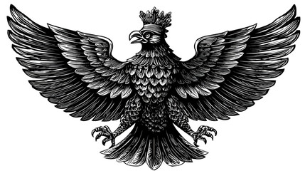 Obraz premium Intricate, regal illustration depicts an eagle with outspread wings, crown, detailed feathers