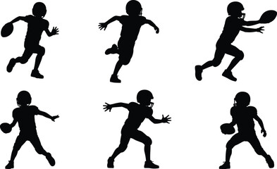 Kids American Football Silhouette Illustration Set Showing Young Players Running Throwing and Catching Ball in Dynamic Sports Action Poses © Dulal Creatives