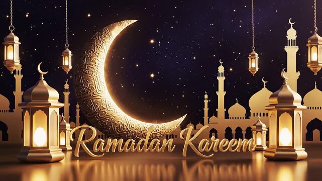Ramadan Kareem Glowing Crescent Moon, Luxury Ramadan Greeting