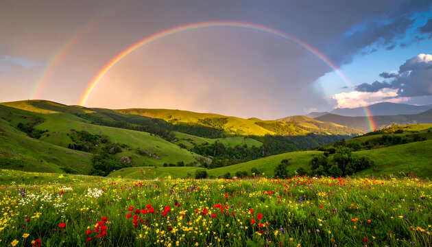 Double Rainbow Over Lush Landscape: A vivid double rainbow arcs gracefully across a breathtaking vista of rolling hills and vibrant wildflowers, evoking a sense of wonder and tranquility. 