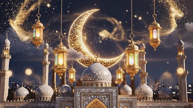 Ramadan Kareem Glowing Crescent Moon, Ramadan Greeting Background Animation