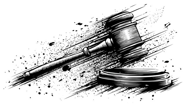A black and white illustration of a gavel with ink splashes, suggestive of law and justice