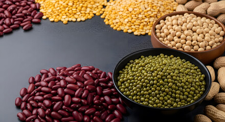Fototapeta premium Assorted legumes and pulses displayed in bowls on a dark surface