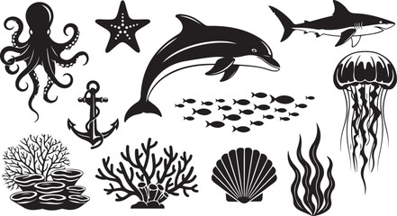 Obraz premium Assortment of Black Silhouettes of Marine Life and Nautical Items octopus starfish