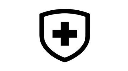 Obraz premium Black shield icon with white background. A centered cross adds protection within the outline