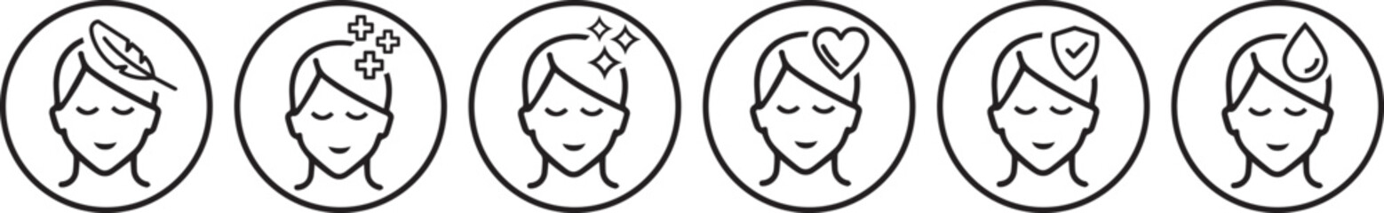 Naklejka premium Sensitive skin icon set. Female face symbols for organic cosmetic skin care and dermatology. Sensitive skin icon set in black and white, isolated vector illustration.