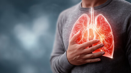 Fototapeta premium Person Holding Chest with Highlighted Lungs, Respiratory Disease and Lung Pain Concept, Coughing Patient with Breathing Problem Illustration, Medical Health Awareness of Pulmonary Infection, Asthma