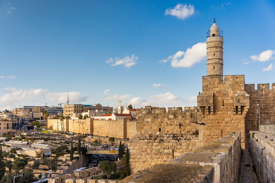 View of the Old City with surrounding stone walls an David Tower in Jerusalem, Israel