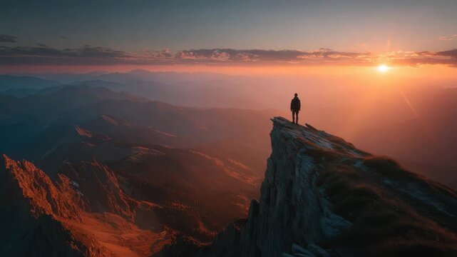 Sunset view from mountain peak with person standing on edge overlooking vast landscape and colorful sky during evening hours