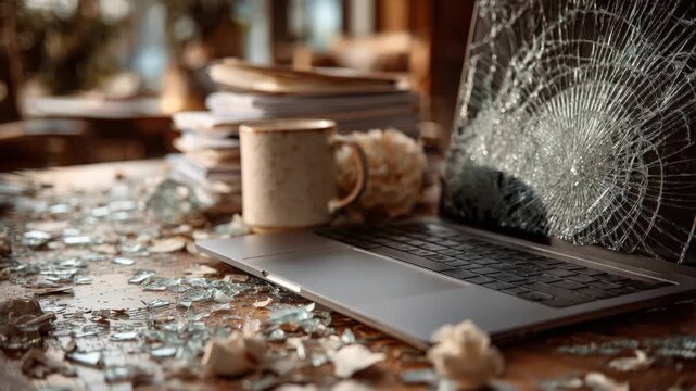 Coffee cup sits on a table next to a broken laptop screen, with scattered papers and decor, capturing a moment of disorder in a workspace on a bright day indoors