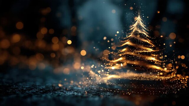 Sparkling lights create a glowing Christmas tree design in a dark setting during winter nights