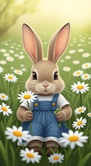 Charming Bunny in Daisy Field - A Whimsical Spring Illustration.