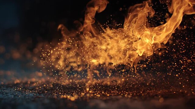 Flames dance and flicker in a dark setting creating a vibrant display of fire and sparks captured in high quality microstock 4k videos