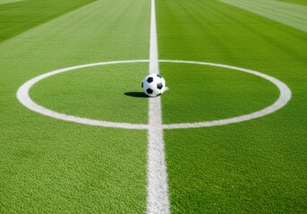 Obraz premium A soccer ball sits alone on the center circle of a green soccer field with white markings