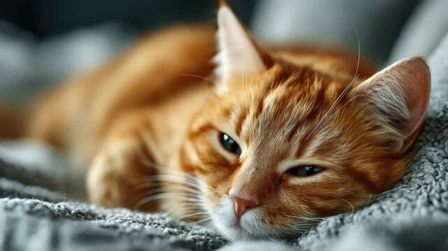 Cat resting on a soft blanket with various expressions shown in different frames throughout the day in a cozy indoor setting