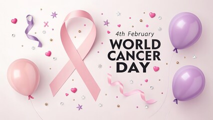 World Cancer Day celebration design with pink and purple ribbons.