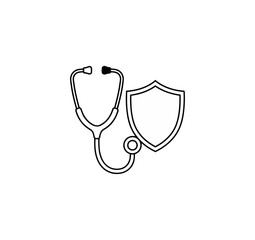 Medical icon stethoscope and shield symbol on black background