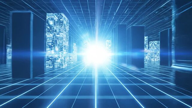 Futuristic cityscape motion background with wireframe and bright light