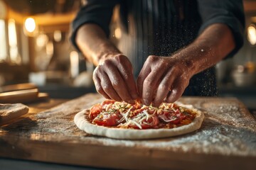 Hands skillfully preparing a homemade pizza with fresh ingredients in a cozy kitchen setting during the evening