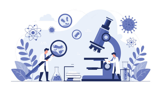 Scientific researchers conduct complex experiments in a high-tech laboratory using a giant microscope to study microscopic viruses and bacteria.