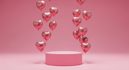 3D metallic red hearts floating in air over pink pedestal on soft pink gradient background, love celebration concept