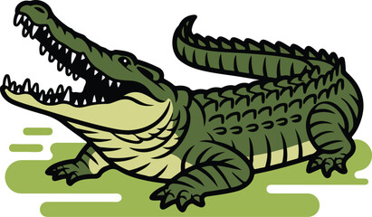 Obraz premium Reptilian Predator: A stylized illustration of a formidable alligator, showcasing its powerful jaws and distinctive scaly texture, in a verdant, natural habitat.
