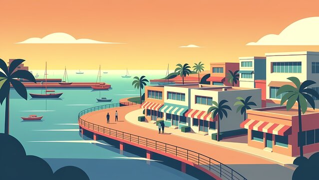 Sunset coastal town with harbor promenade, palm trees and boats in retro vector illustration, warm cinematic mood
