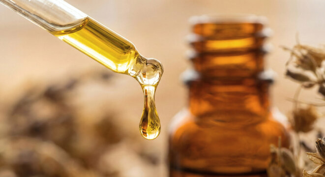 Golden essential oil drop falling from pipette close up spa concept