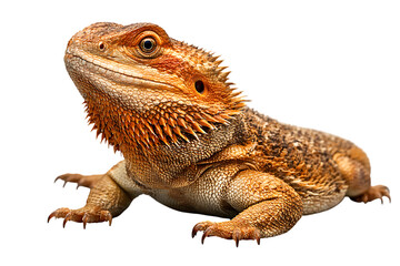 A brown bearded dragon standing on a white surface with a spiky back and sharp claws looking upwards isolated on transparent background