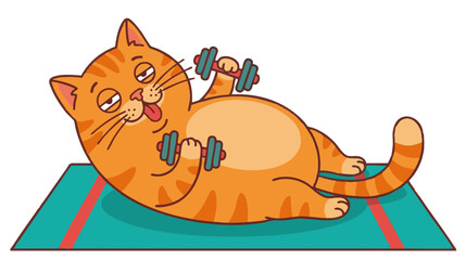 Lazy Funny Cat Exercising with Dumbbells Flat Vector