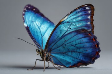 Bright blue butterfly perched gracefully, showcasing intricate wings in a close-up view during daylight
