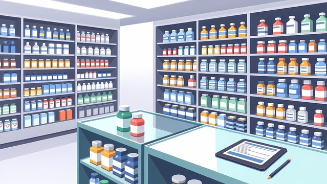 Illustrated pharmacy interior with stocked shelves and central glass display table, bright showroom, digital render