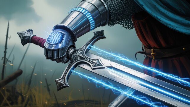 Fantasy knight with glowing magical sword in armor close up heroic medieval warrior illustration for gaming and book cover art