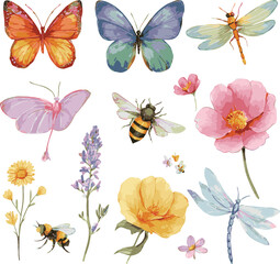 Seamless pattern with butterflies and flowers. collection of colorful butterflies, bees, dragonflies, and delicate flowers on flat vector illustration on white background © MdMasud
