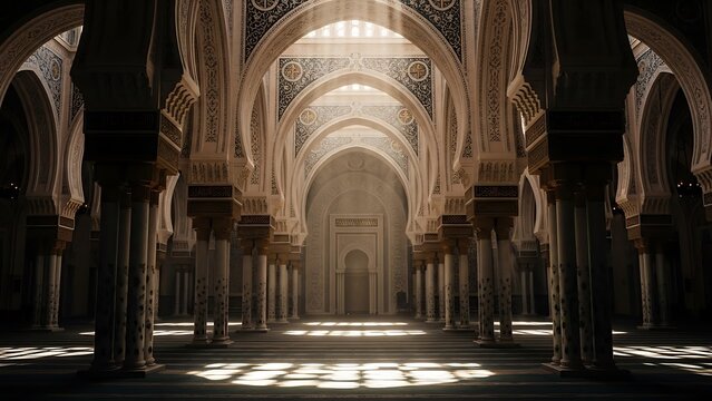 Grand Mosque Interior with Sunlight Streaming Through Arches and Columns.