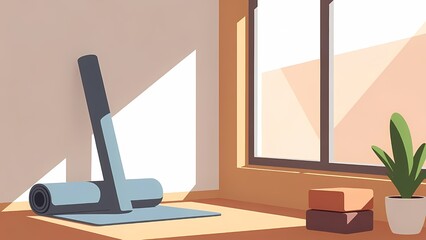 Fototapeta premium Flat vector illustration of a sunlit home workout corner with a rolled yoga mat, blocks and a plant by a window
