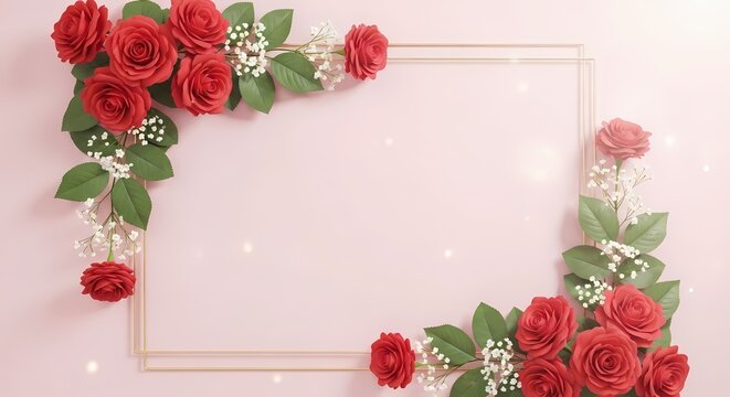 Elegant red roses wedding bouquet frame on pink background with greenery and baby's breath floral arrangement