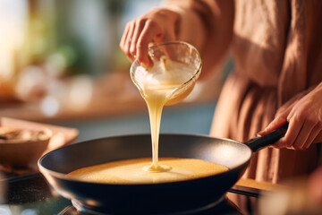 Woman in cozy kitchen pouring batter into frying pan, preparing delicious pancakes, with warm lighting and inviting atmosphere, showcasing culinary skills and home cooking
