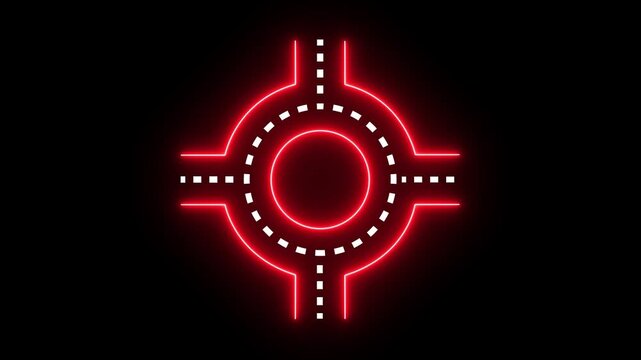 glowing neon road junction icon isolated on black background. intersection road thin line. sharp bend road sign icon animation. Traffic warning symbol. Movement within a roundabout in traffic.