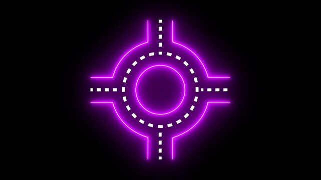 glowing neon road junction icon isolated on black background. intersection road thin line. sharp bend road sign icon animation. Traffic warning symbol. Movement within a roundabout in traffic.
