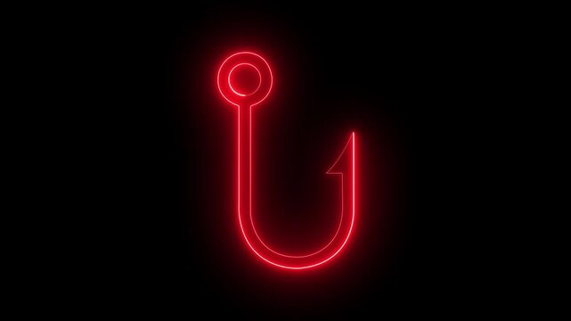 Glowing neon Fishing hook icon isolated on black background. Fishing tackle. Concept of fishing hooks being lowered into the sea. 4k video animation.