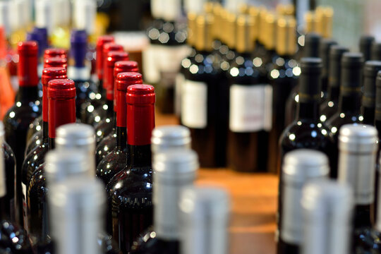 Rows of Red and White Wine Bottles on Display in a Store