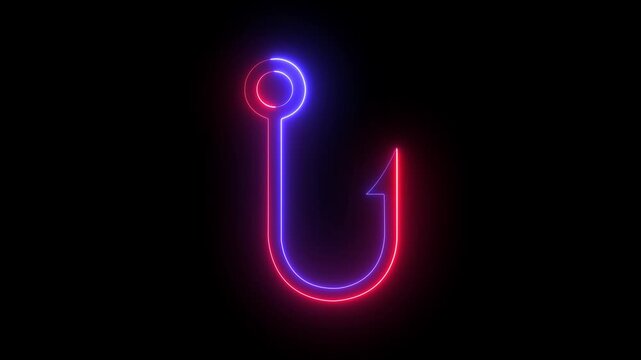 Glowing neon Fishing hook icon isolated on black background. Fishing tackle. Concept of fishing hooks being lowered into the sea. 4k video animation.