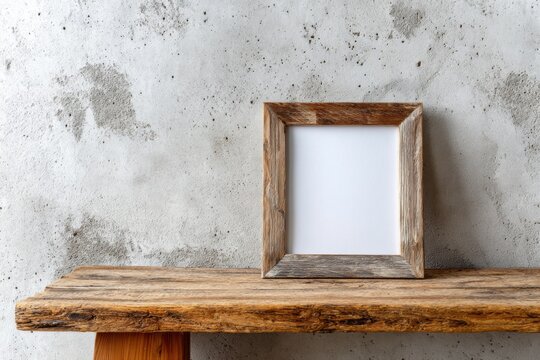 Rustic wooden picture frame rests upon a textured plank against a weathered wall background