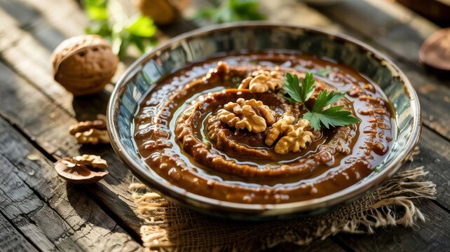 Mukhammara (Arabic: "blushing") &mdash; this is a thick Middle Eastern dip snack made with baked red peppers and walnuts.