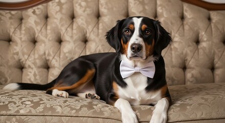 Elegant Entlebucher Mountain Dog Posing on a Vintage Sofa with Bowtie.