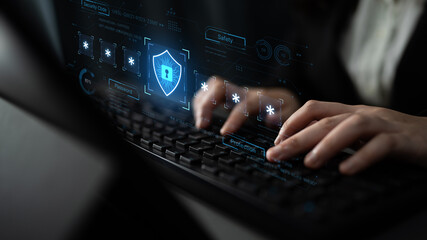 A concept of an advanced cybersecurity system. The futuristic interface shows a multi-factor authentication process using a secure password or PIN for enhanced data protection. Fermion