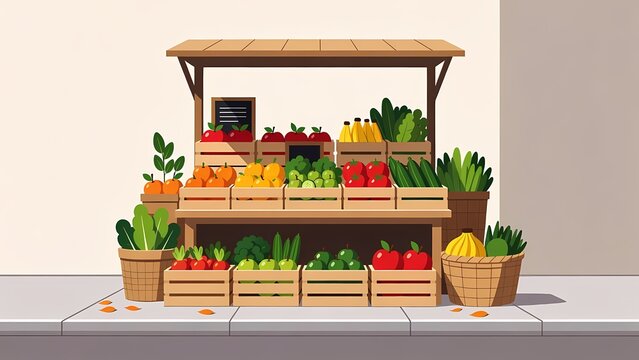 Colorful fruit and vegetable market stand illustration with wooden crates and fresh produce