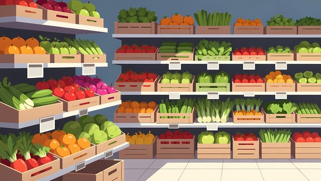 Colorful produce display in a supermarket - vibrant vector illustration of fresh fruits and vegetables on shelves