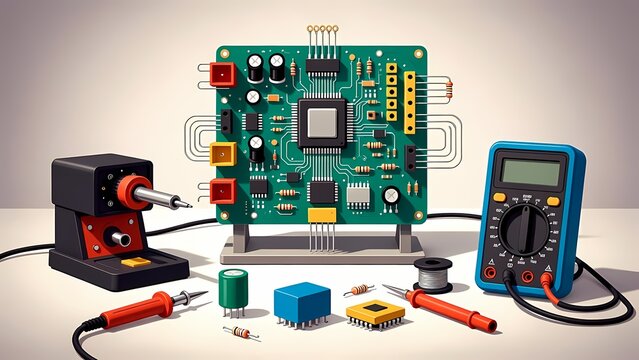 Photorealistic studio shot of an electronic circuit board on a testing bench with soldering iron and digital multimeter